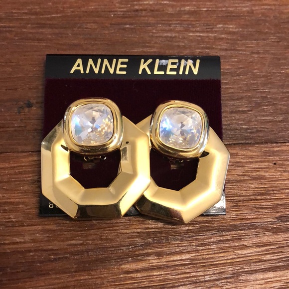 Anne Klein Jewelry - Anne Klein Vintage Crystal Clip On Earrings Geometric Square Gold Tone Y2K Glam